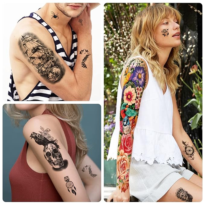 55 Sheets Temporary Tattoo for Men and Women, 8 Full Arm Fake Tattoos, 17 Half Arm Fake Skull Flower Tattoos, 30 Tiny for Adults Kids Body Shoulder Tattoos Stickers Waterproof Realistic Long-Lasting