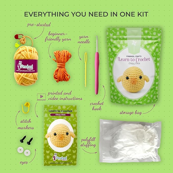 Pinwheel Crafts Easy Crochet Kit for Beginners Kids Ages 12+ - Chirpy Chick Amigurumi Kit for Kids with Thicker Yarn, Hook & Step-by-Step Video Tutorials, Learn to Crochet Kits for Adults Beginner