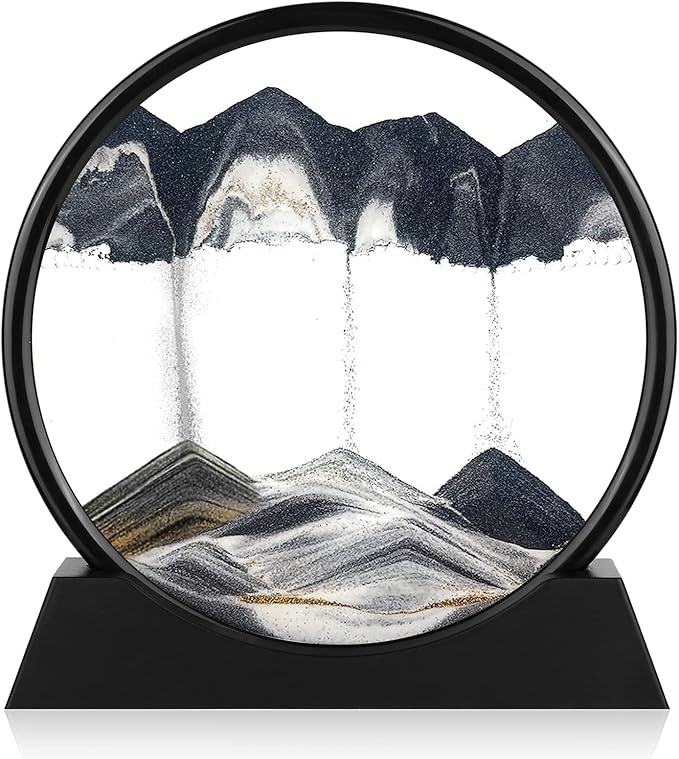 Moving Sand Art Picture - 3D Quicksand Painting Decor - Round Glass 3D Deep Sea Sandscape - Relaxing Home Decoration Desk Toys for Home Office Desk Mantle Bookshelf- (Black, 7 in)