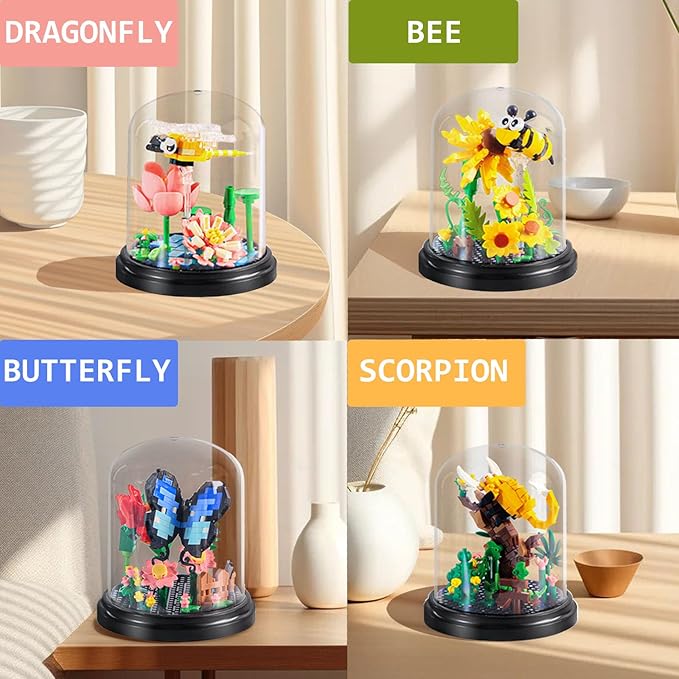 Insect Flowers Collection Micro Building Toy Set with Dust Cover, Flower Plants Bug Botanical Set for Nature Decor, Bug Building Office Home Decorative, Plant Decor Birthday Gift for Adults Kids