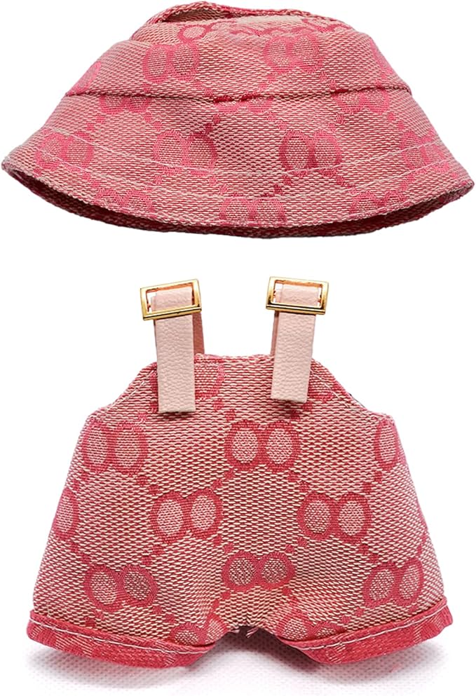 Clothes Compatible with Labubu 17cm Dolls, Premium Handmade Dolls Accessories with Chic Grid Hat & Clothes 2 Piece Set, High-End Fashion Outfit for Play & Display, No Doll, Pink