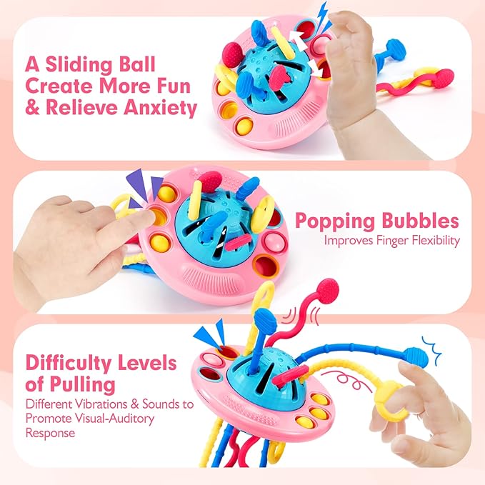 hahaland Pull String Toy - Montessori Toys for 1 Year Old Girl Gifts, Silicone Sensory for Toddlers 1-3, Airplane Toddler Travel Ages 1-2 Stocking Stuffers One Year Old Girl Birthday Gifts