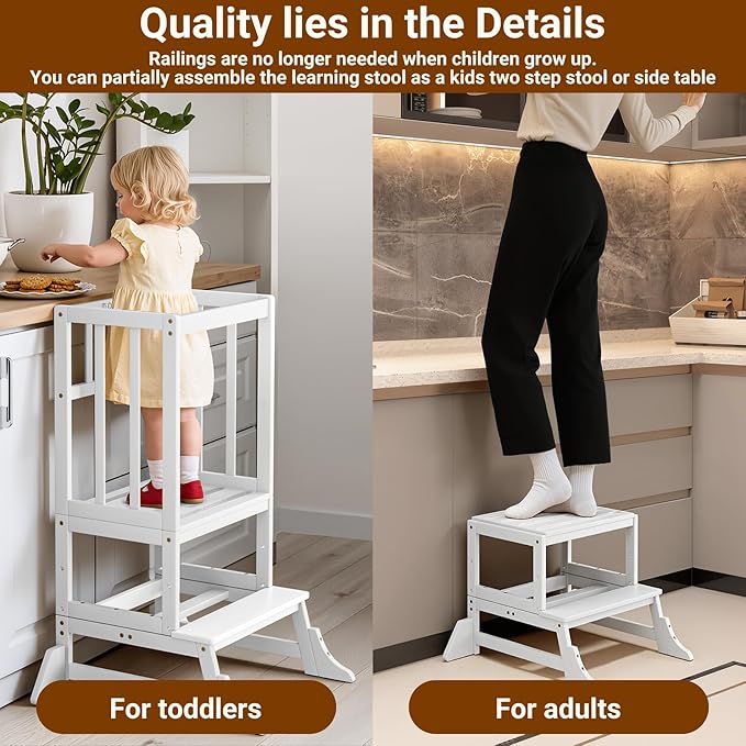 COSYLAND Height Adjustable Kitchen Stool for Toddlers – Portable Toddler Standing Tower for Learning and Cooking – Stable Kids Helper Tower with Stability Block for Kitchen Counter (White)