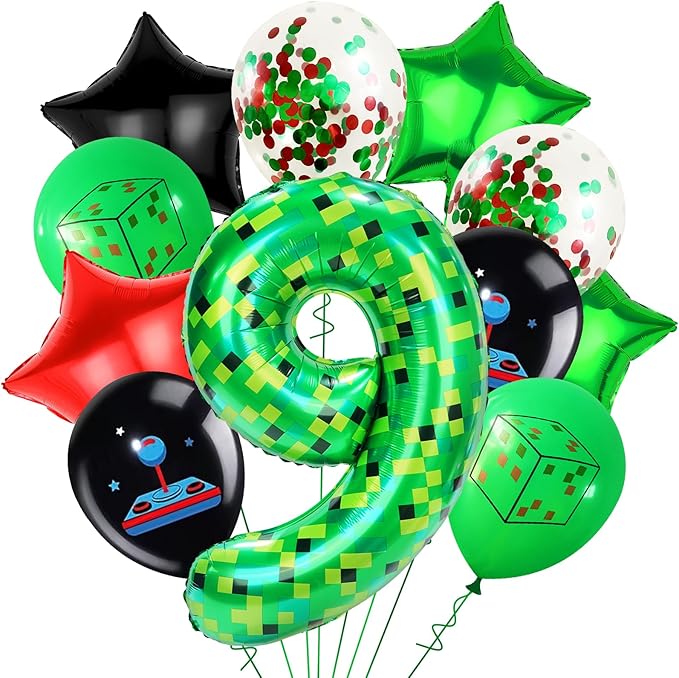 40in TNT Pixel Number 9 Balloon Birthday Decorations, Miner Theme Green Foil Balloons Blast Gaming Party Supplies