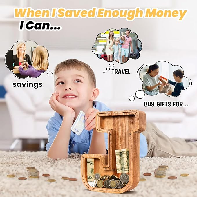 KMC Wooden Letter Piggy Bank, Personalized Initial Piggy Bank for Kids Boys, Clear Alphabet J Wood Money Box, Unbreakable Coin Saving Jar, Birthday, for Children