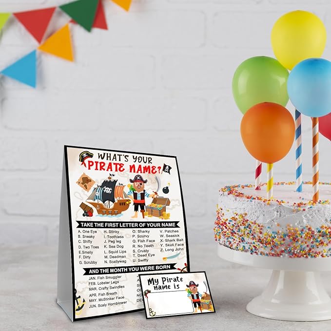 What is Your Pirate Name Game, Game Sign and 30 Cards, Pirate Birthday Party Sign for Boys, Holiday Activity, Pirate Activity Cards Ideas Decoration Supplies