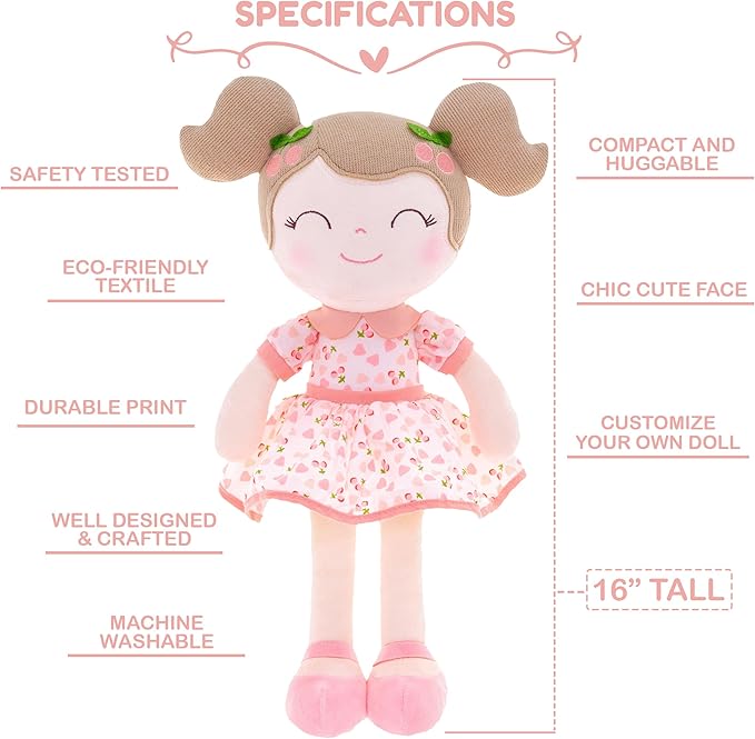 Gloveleya Personalized Doll with Your Name - Cute Pink Cherry Color Custom Soft Plush Doll for Girls Plush Doll Customized Gifts - Muñecas de Trapo Personalizadas para Niñas