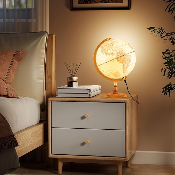 Goplus 12 Inch Illuminated World Globe, Antique Light up Rotating Globe Night Lamp with Wooden Stand, Geography Educational Desktop Decoration for Kids Adults Home Office School (Antique-Bronze)