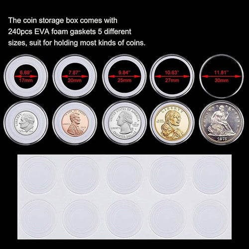 240 Pieces 30mm Coin Capsules Coin Holders for Collectors, with Foam Gasket and Plastic Storage Organizer Box, 5 Sizes (17/20/25/27/30mm) Coin Case for Coin Collection Supplies