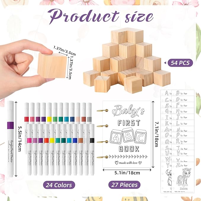 146 Pcs Baby Shower Game Sign Set Includes Decorative Square 56 DIY Blank Wooden Blocks 24 Paint Markers 27 Page Baby‘s First ABC Book (Flower)