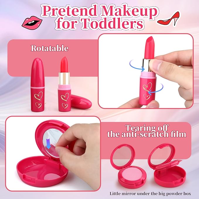Toddler Girls Toys Pretend Makeup Kits - Fake Makeup Set Toys for Kids 3 4 5 6 Year Old, Play Makeup Gift for Little Girls 3-5, Toddler Makeup Kit with Fake Makeup Toy Birthday Gift (Beige)