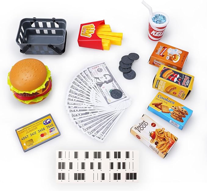 FS Toy Cash Register for Kids, with True Barcode Scanner & Calculator Toys, Pretend Play for Toddlers 3-5, Shopping Playset, Kids Cash Register with Credit Card for Boys and Girls