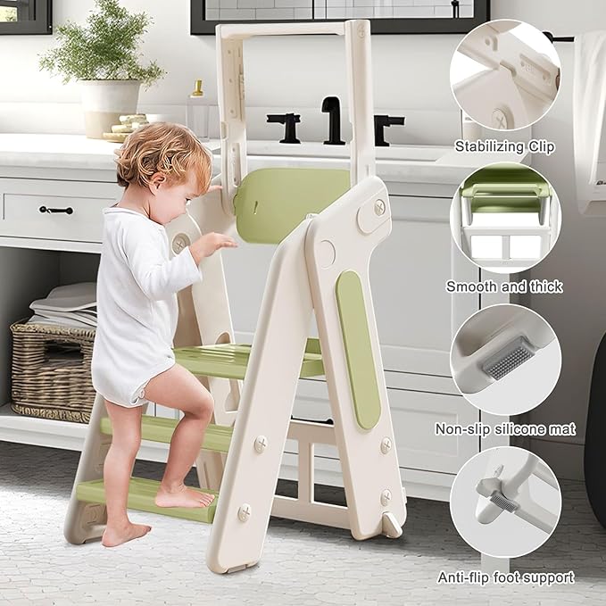 Toddler Tower Kitchen Stool Helper,Foldable/Adjustable Height Kids StandingTower Stool W/CPC Certification,for Kitchen Counter Bathroom Sink Cooking Child Ladder for Toddlers W/Safty Rail(Khaki Grey)