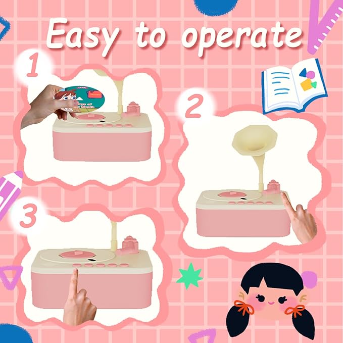 Retysaz Kids Phonograph with 96 Cards, Story Music Player Kids 3-6 Musical Sensory Toy boy Girl,Toddler Audio Pre-Kindergarten Toy Early Childhood Education Gift Birthday （Pink）…