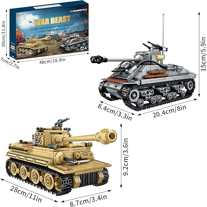 WW2 2 in 1 Army Tank Building Blocks Kit Create an American M4 Sherman & a German Tiger Tank Military Toy Sets Birthday for Age 6+ Children Teens Adults 1184 Pieces