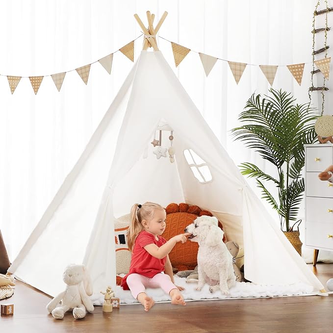 Sumbababy Kids Teepee Tent - Natural Canvas Playhouse with Fringe, Washable Fabric, Tipi Sleepover Tent, Includes Carry Bag, Lights & Colorful Flags - Perfect for Indoor & Outdoor Fun