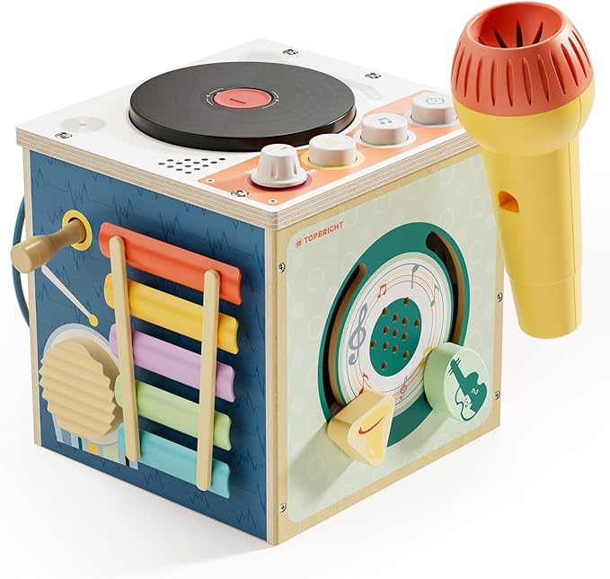 TOP BRIGHT Musical Activity Cube, Montessori Toys for 2 3 4 Year Old Toddlers, Baby DJ Table with Songs, Baby Activity Center with Bead Maze, First Birthday for Girls Boys 18 Months+