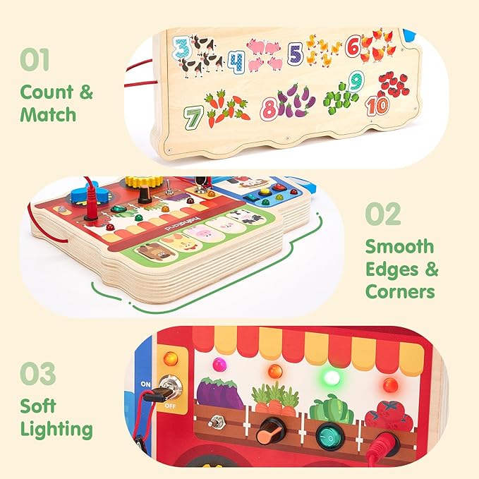 hahaland Montessori Busy Board for Toddlers 3-5, 18-in-1 Wooden Sensory Activity Board with LED Lights & Switches, Educational Montessori Toy for Fine Motor Skills, Travel & Birthday