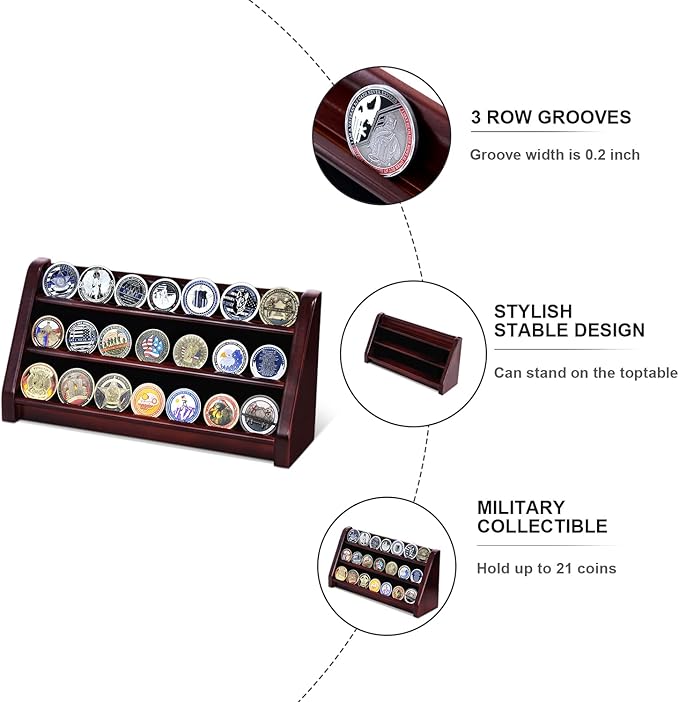 3 Rows Wooden Challenge Coin Wall Display Stand - Military Coin Holder Army Coins Rack, Holds 21-24 Coins, Mahogany