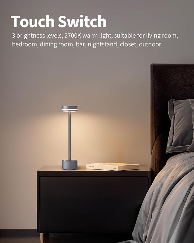 PUSU Portable Table Lamp Battery Powered LED Lamp Cordless Table Lights 3-Level Brightness Touch Control, for Home Office Bedroom Hotel Room Restaurant Outdoor(Gray)