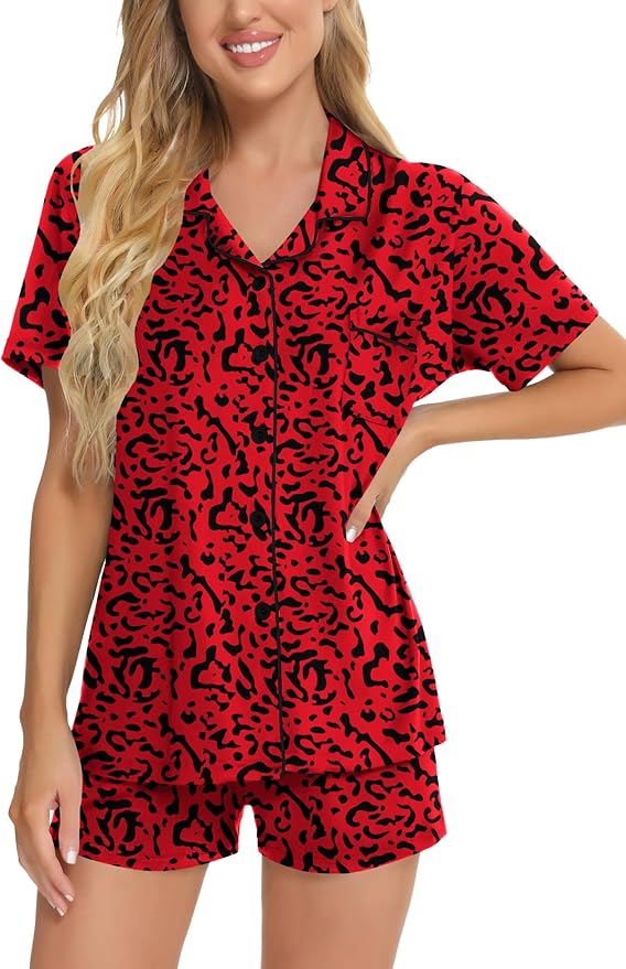 SWOMOG Womens Button Down Pajamas Set Short Sleeve Sleepwear Bride Soft Pj Lounge Sets XS-3XL