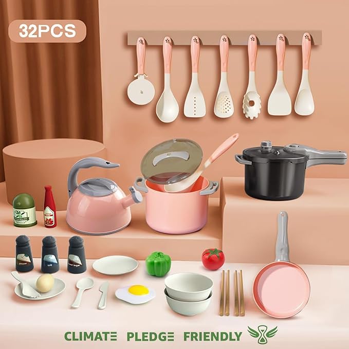 Bruvoalon 32Pcs Kids Play Kitchen Toys Set, Toddlers Pretend Cooking Playset Acccessories with Pots Pans, Utensils Cookware, Foods, Canned Veges, Learning Gift for Kids Girls Boys (Pink)