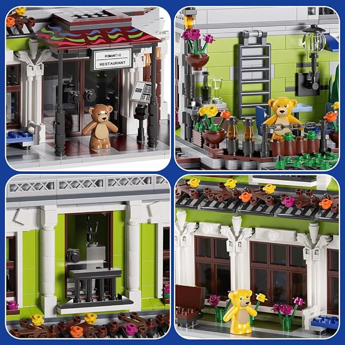 Romantic Restaurant Building Toys, Flowers City Hotel House Building Kit with Bear Mini Bricks, City Street House Construction Toys, 2107Pcs Mini Bricks