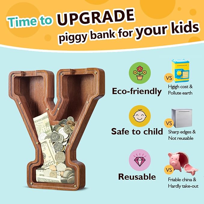 Summidate Customized Name Large Wooden Piggy Bank for Kids Boys Girls Alphabets Letter A-Z Coins Bills Money Change Bank Box Initial on Clear Cover (Laser Engraved) (Alphabet-Y, Personalized-12)