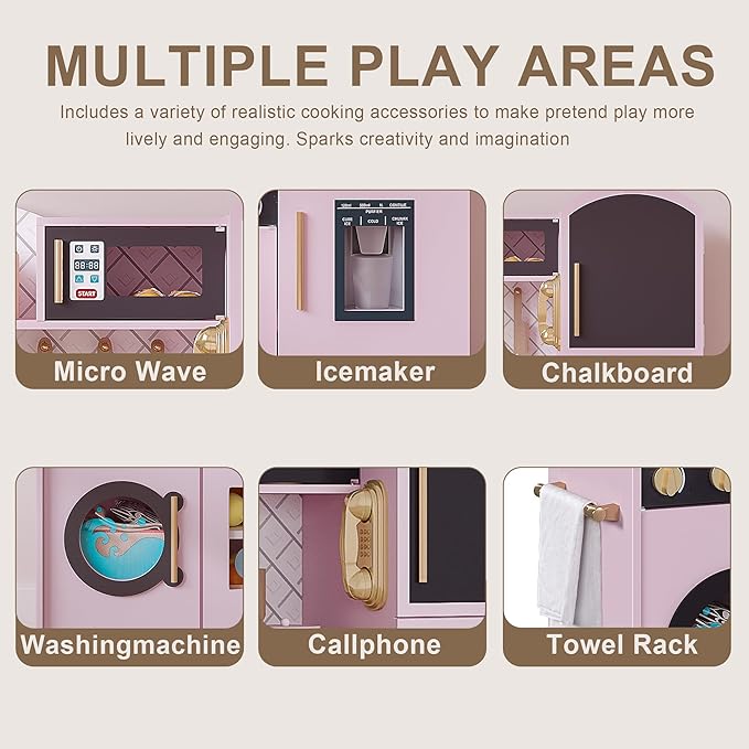 Treocho Play Kitchen for Kids, Wooden Toddler Kitchen Set with Storage, Modern Design Toy Kitchen with Faucet&Sink, Stove, Chalkboard, Icemaker and Various Accessories for Kids Ages 3+, Pink