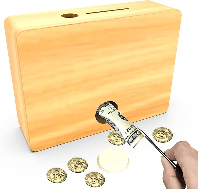Piggy Bank for Adults Kids, Wooden Coin Bank for Boys and Girls, Cash Vault Money Saving Box with Counter $10000 $5000 $3000 $1000 Savings Challenge Money Box with Money Target and Numbers (Wood Box)
