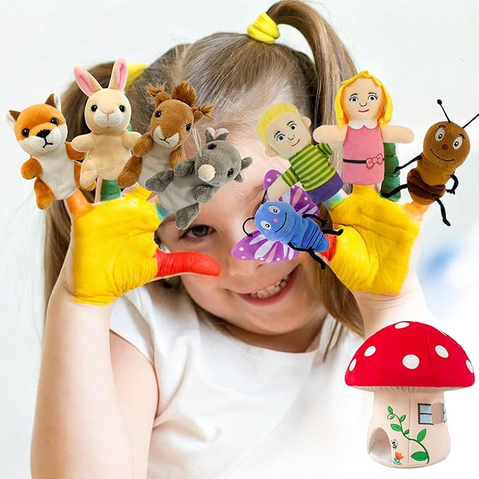 9 Pcs Finger Puppets Set Mini Toys, Soft Plush Insect Animal Finger Puppet for Kids Mini Stuffed Animals with Mushroom House,Finger Puppets for Toddlers Storytelling Role-Playing Christmas School