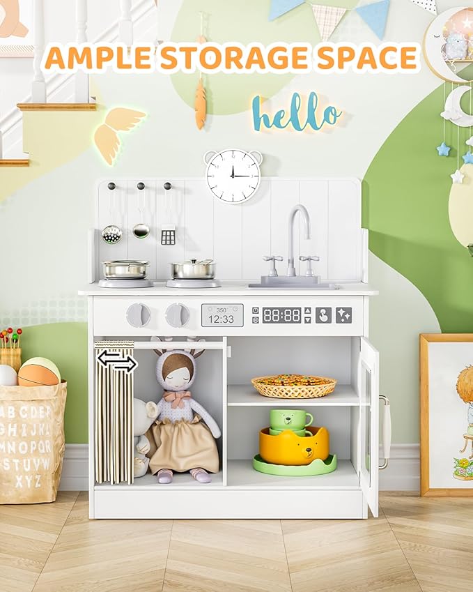 MAMIZO Kids Kitchen Playset with Ample Storage, Interactive Play Kitchen with Simulated Gas Cooker, Clicking Knobs, Sink, Faucet, 6 Pcs Cookware, Educational Clock for Toddlers (White)