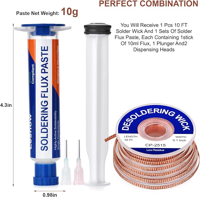 Solder Flux Paste And Solder Wick Braid, No Clean Soldering Flux(10cc) Soldering Remover Tool, 10ft Desoldering Wick Braid For Electronics Repair For Disassemble Electrical Components