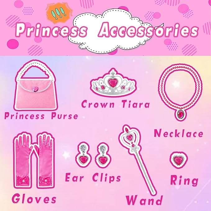 Princess Cape Set for Little Girl, 11PCS Princess Dress Up Clothes Cape Clock with Skirt for Girl 3-8 Birthday Gift