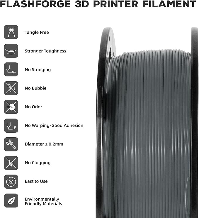 FLASHFORGE PLA Filament 1.75mm, 3D Printer Filament 1kg (2.2lbs) Spool, Dimensional Accuracy +/- 0.02mm, 3D Printing Filament Easy to Use and Fits for Most FDM 3D Printers (Grey)