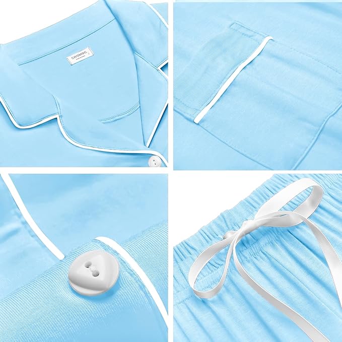 SWOMOG Womens Button Down Pajamas Set Short Sleeve Sleepwear Bride Soft Pj Lounge Sets XS-3XL