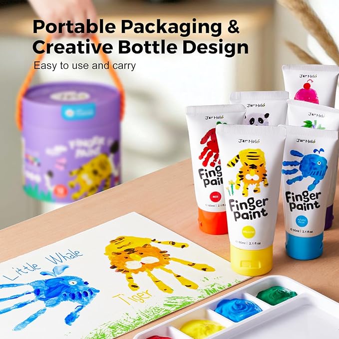 Jar Melo Washable Finger Paints for Toddlers, 7 Colors Large Capacity (2.1fl oz), Non Toxic Baby Paint for Hand and Feet, Safe Art Supplies, Preschool Learning Gifts for Kids Age 2+