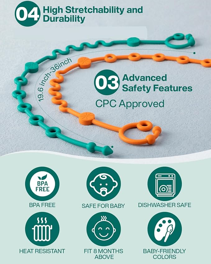 Toy Straps for Baby, 5pcs Adjustable Toy Holder for Stroller Accessories, Silicone Baby Tether Pacifier Clip, No Throw Baby Travel Essential Leash for High Chair, Car Seat (4-Pack)