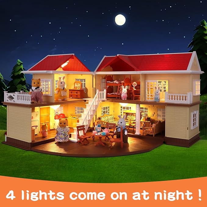 Family Cozy Cabin Doll House Playset, Dollhouse Furniture and Accessories,DIY Cottage Pretend Play Dollhouses, for Toddlers, Boys & Girls