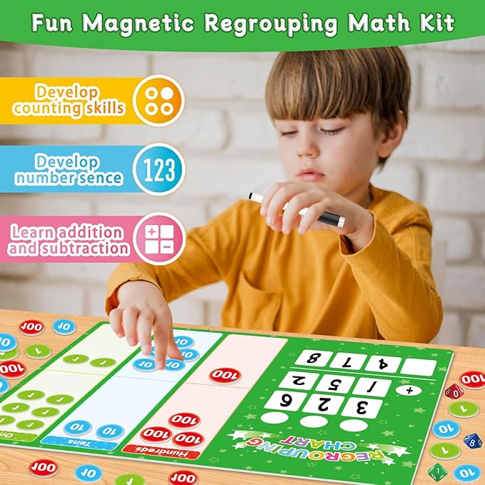Magnetic Regrouping Math Base Ten Place Value, 2025 New Upgraded Addition & Subtraction Math Manipulatives Dry Erase Whiteboard for Kids 1st 2nd 3rd Grade, Math Games Homeschool Classroom Must Haves