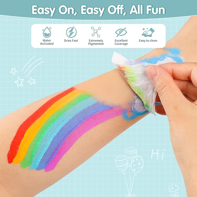 Face Painting Kit for Kids 24 Colors Water-Based Non-Toxic Face Paint Palette With Brushes&Stencils, Hair Chalk, Gems, Glitters, Crayon, Halloween Makeup Kit for Parties, Cosplay, Face Body Art