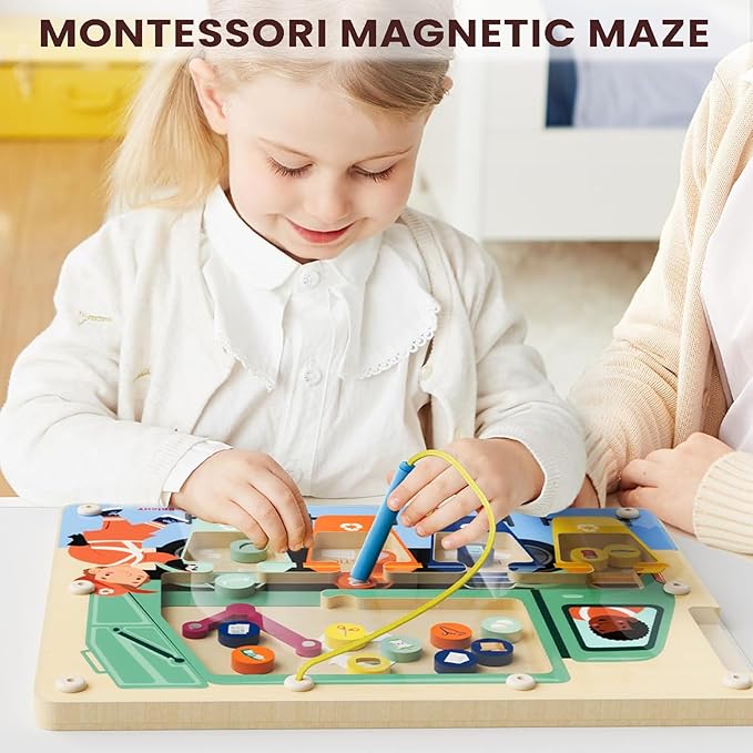TOP BRIGHT Magnetic Color Maze Sorting Game Montessori Toys for 3+ Year Old, Wooden Garbage Recycling Game Toddler Travel Toys Fine Motor Skills for Boys Girls