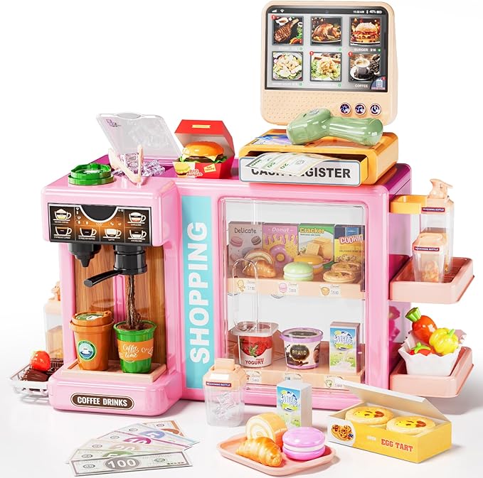 Toddler Toy Grocery Store, Supermarket Playset with Touch Voice Cash Register, Scanner, Coffee Maker, Play Food, Play Money, Pretend Play Toys for Toddlers Kids Birthday (Pink)