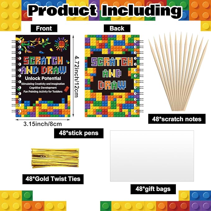 Pasimy 48 Set Scratch Art Party Favor Gifts for Kid Building Block Scratch Notebook Bulk Paper Craft for Girl Boy Classroom Prizes Goodie Bag Stuffer Christmas Birthday Party Favor