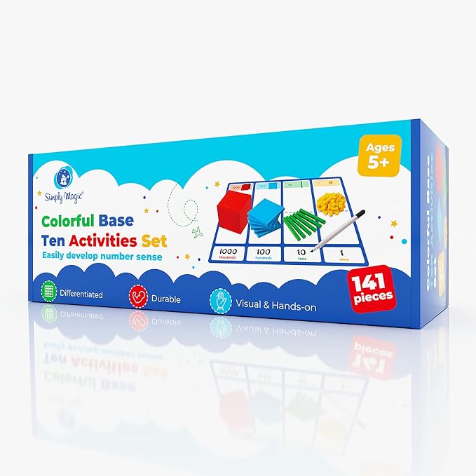 Simply magic 140+1 PCS Colorful Base Ten Blocks & Activities Set - Base Ten Blocks Classroom Set, Base 10 Math Manipulatives, Place Value Blocks Mat, Ones Tens Hundreds Blocks, Math Counters Cubes