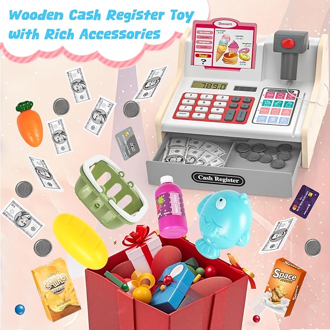 Rechargeable Wooden Kids Cash Register with Scanner, Pretend Play Cash Register Toy with Fake Money, Food, Credit Card, Toddler Boys Girls Age 2-4 4-8