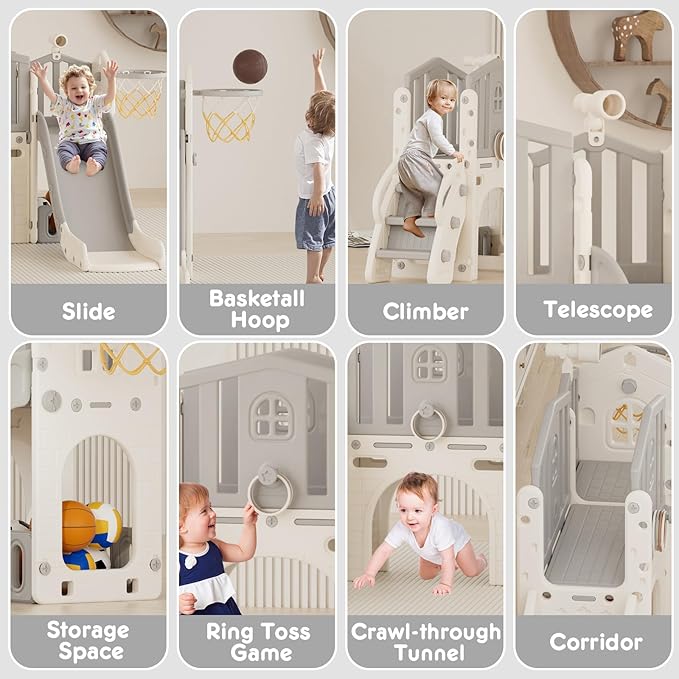 KORIMEFA 7 in 1 Toddler Slide Playset, Kid Slide for Toddlers Age 1-3 with Ring Toss, Basketball Hoop, and Telescope, Indoor Outdoor Slide Toddler Playset Playground, Gray