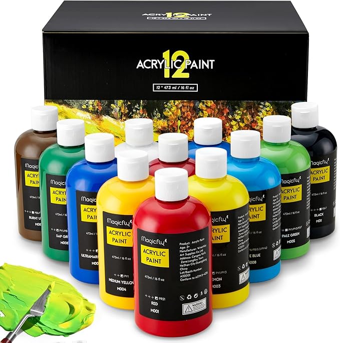 Magicfly Acrylic Paint 12 Colours/473ml, Large Bottles Acrylic Paint Set Rich Pigment Colours for Artists, Beginners, Amateurs on Glass, Stone, Canvas, Wood, Craft