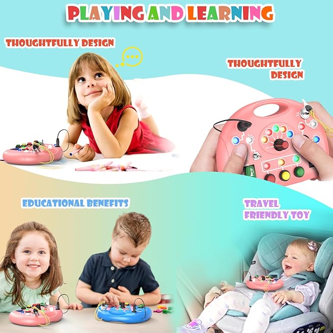 Montessori Busy Board, Busy Board with LED Light for Toddlers 2-4 Year Old, Baby Sensory Board Toddler Travel Toys for Kids My Preschool Busy Book Boy and Girls Birthday Gifts (Pink)