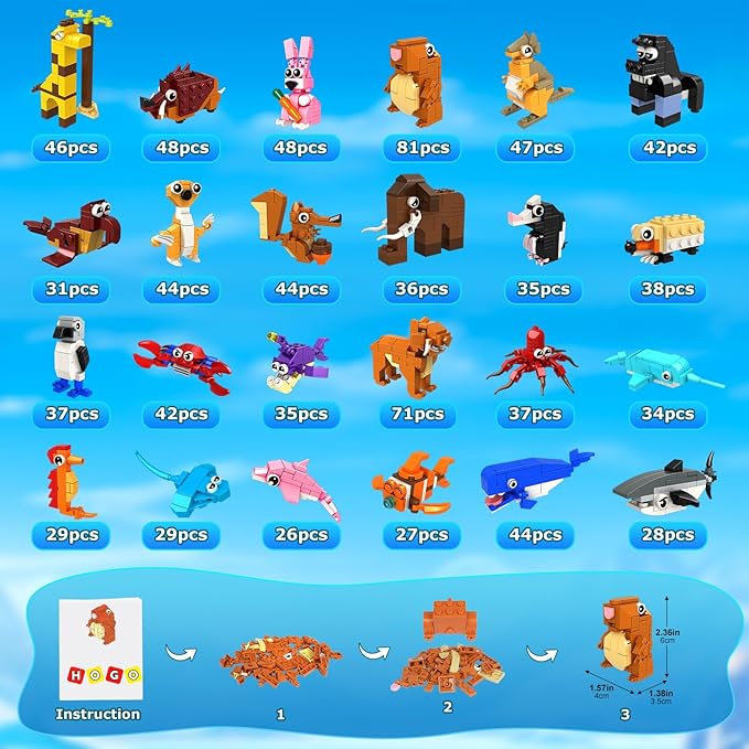 HOGOKIDS 24 Pack Large Building Set Party Favors for Kids – 1000 PCS Mini Blocks Toy to Build Realistic Animals, Goodie Bag Stuffers Classroom Prizes Easter Birthday Gifts for Boys Girls Ages 6-12